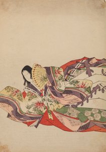Dama de corte sentada, inclinada hacia delante con un abanico, lámina del álbum: Nishiki-zuri onna sanju rokkasen e-zukushi de Chobunsai Eishi