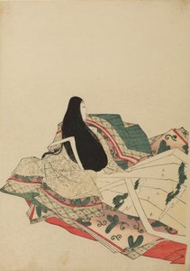 Dama de corte sentada, vista de tres cuartos por detrás, lámina del álbum: Nishiki-zuri onna sanju rokkasen e-zukushi de Chobunsai Eishi