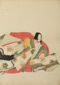 Dama de la corte sentada con un abanico amarillo, lámina del álbum: Nishiki-zuri onna sanju rokkasen e-zukushi de Chobunsai Eishi
