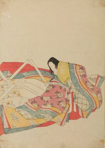 Dama de corte sentada con abanico amarillo, lámina del álbum: Treinta y seis poetisas / Nishiki-zuri onna sanju rokkasen e-zukushi de Chobunsai Eishi