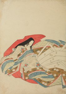 Dama de corte sentada, vuelta hacia la izquierda, lámina del álbum: Nishiki-zuri onna sanju rokkasen e-zukushi de Chobunsai Eishi