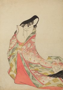 Dama de la corte de pie con una túnica rosa lila caída de los hombros, lámina del álbum: Nishiki-zuri onna sanju rokkasen e-zukushi de Chobunsai Eishi