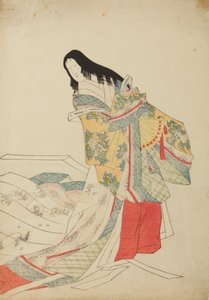 Dama de la corte de pie con abanico, lámina del álbum: Nishiki-zuri onna sanju e-zukushi de Chobunsai Eishi