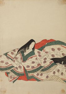 Dama de la corte con kimono blanco con motivo de patitos sobre el agua, lámina del álbum: Nishiki-zuri onna sanju rokkasen e-zukushi de Chobunsai Eishi