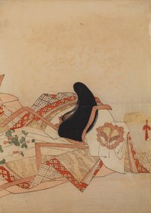 Dama de corte con abanico, lámina del álbum: Treinta y seis poetisas / Colección ilustrada de las treinta y seis poetisas en impresión de brocado de Chobunsai Eishi
