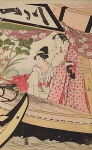 Dos mujeres en una barca cubierta durante una excursión de verano de Chobunsai Eishi
