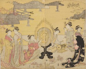 Grupo de mujeres con instrumentos musicales, de la serie Furyu yatsushi Genji de Chobunsai Eishi