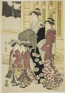 Komurasaki del Kadotamaya con las asistentes Hatsune y Utano de Chobunsai Eishi