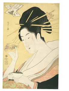 Emparejamiento de conchas (Kai-awase), «Kisen Hōshi», de la serie Parodias modernas de los seis poetas inmortales (Yatsushi rokkasen: Kisen Hōshi) de Chobunsai Eishi
