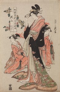 La oiran Seyama de la casa Matsuba-ya con sus kamuro Iroka y Yukari, de la serie: Ceremonia de apertura de la nueva casa Matsuba-ya de Chobunsai Eishi
