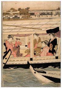 Parte de un pentatíptico horizontal de la escena del río Sumida de Chobunsai Eishi