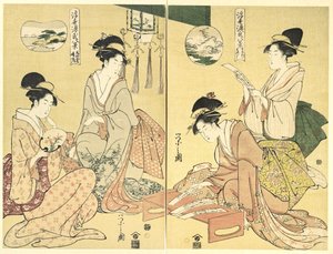 Invocador de espíritus; gansos salvajes que regresan a casa (Maboroshi; Rakugan) (derecha) y un fino velo de nubes; tiempo que despeja (Usugumo; Seiran) (izquierda), de la serie Ocho vistas de El relato de Genji en el mundo flotante (Ukiyo Genji hakkei) de Chobunsai Eishi