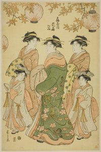 La cortesana Hanaogi del Ogiya, con los asistentes infantiles Yoshino y Tatsuta de Chobunsai Eishi