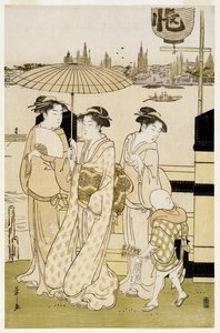 Tres mujeres y un niño a lo largo del río Sumida