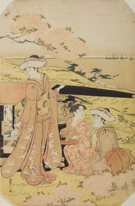 Tres damas junto a una litera de Chobunsai Eishi