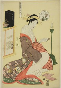 Wakana del Matsubaya, de la serie "Bellezas de los barrios de placer como los Seis Inmortales Florales (Seiro bijin rokkasen)" de Chobunsai Eishi