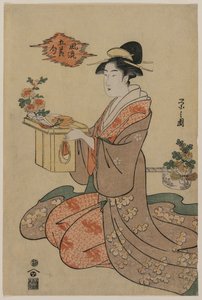 Mujer Sosteniendo un Soporte de Taza de Madera Decorado con Crisantemos (de la serie Imágenes Elegantes de los Cinco Festivales Estacionales) de Chobunsai Eishi