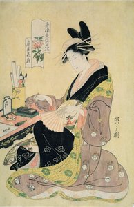 Mujer pintando en su escritorio de Chobunsai Eishi