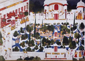 Maharana Bhim Singh se divierte con nobles en la piscina del palacio de Chokha