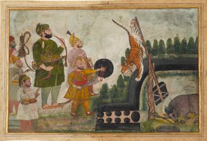 Rawat Gokul Das inspecciona un tigre atrapado, 1810-1815