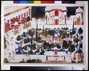 Maharana Bhim Singh se divierte con nobles en la piscina del palacio