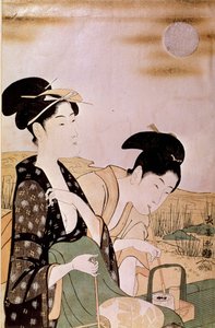 Admirando la luna: dos mujeres fumando. Impresiones de Choki Eishosai (activo finales del siglo XVIII-principios del siglo XIX) de Choki Eishusai