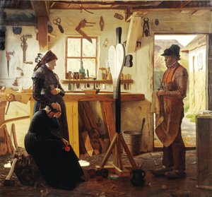 Dos mujeres visitan al artista del pueblo para ver la cruz funeraria encargada de Christen Dalsgaard