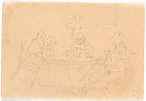 Interior de tarde. Cuatro damas alrededor de una mesa, cosiendo a la luz de una lámpara de Christen Købke