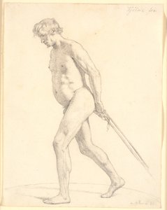 Modelo masculino de academia caminando, tirando de cuerdas de Christen Købke