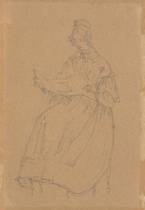 La esposa del artista, figura completa sentada, leyendo un periódico de Christen Købke
