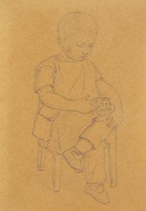 El hijo del artista Peter, figura completa, sentado con un animal o un juguete de Christen Købke