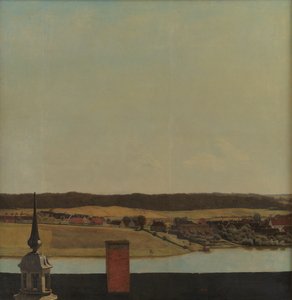 Cresta del techo del castillo de Frederiksborg con vista del lago, la ciudad y el bosque de Christen Købke