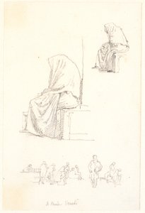 Hoja de Bocetos con Estudios de una Anciana Sentada y Figuras Orantes de Christen Købke