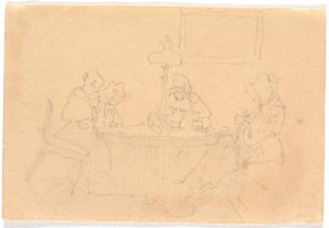 Interior de tarde. Cuatro damas alrededor de una mesa, cosiendo a la luz de una lámpara