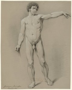Hombre desnudo de pie, de frente, con el brazo izquierdo extendido hacia la izquierda de Christiaan Andriessen