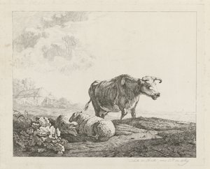 paisaje con una vaca y dos ovejas