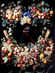 La Visitación en una guirnalda de frutas