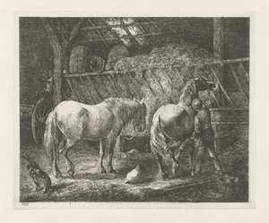 Interior estable con dos caballos de Christiaan Wilhelmus Moorrees