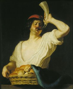 Un panadero tocando su cuerno, 1650 de Christiaen van Couwenbergh