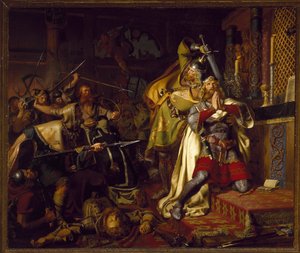 Mort de Knut (Canut, Knud) IV de Danemark le Saint (1040-1086) - The death of Canute IV of Denmark in the Church of Saint Albanus (The Murder of Canute the Holy) par Christian Albrecht von Benzon (1816-1849) de Christian Albrecht von Benzon