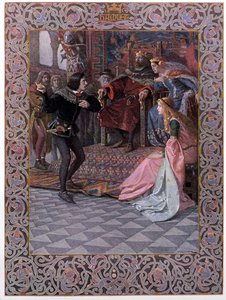Hamlet ante el Rey Claudio, la Reina Gertrudis y Ofelia, escena de 