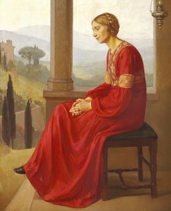 Una mujer con vestido rojo sentada en una terraza en un paisaje italiano