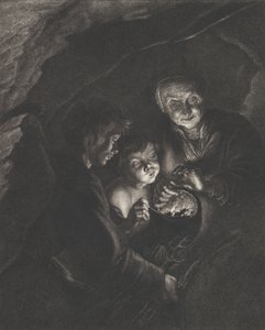 Escena nocturna en una cueva con una anciana sosteniendo carbones ardientes en una olla, un niño soplando, ca. 1750-57 de Christian Friedrich Boëtius
