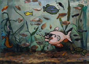 Big Pink Fish in Fishy World 1988 (óleo sobre lienzo) de Christian Furr