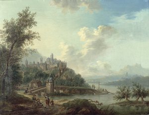 Vista del Rin con un Puente y Figuras en primer plano y una Ciudad Fortificada en una Colina al fondo