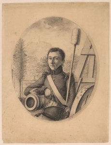 Retrato de un joven soldado, con un kepi en la mano derecha, sosteniendo el cañón de un arma (¿autorretrato?)