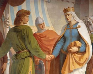 Parzival despidiéndose de su madre, la Reina Herzeloyde, del ciclo de Parzival, Sala de los Cantores, c.1883-84 de Christian Jank