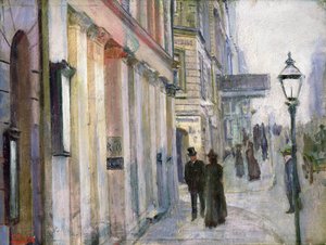 La esquina de Karl Johan y Dronningens (Queens) Street (óleo sobre lienzo) de Christian Krohg
