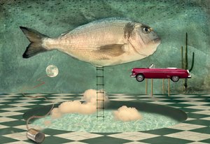 Paisaje onírico surrealista con peces