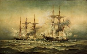 Kearsarge y Alabama frente al puerto de Cherburgo en Francia, 19 de junio de 1864, c.1870